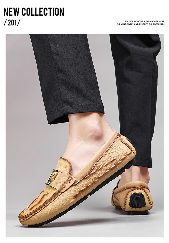 Giày lười nam da bò vân cá sấu mũi tròn, đế bằng, kiểu lái xe cỡ lớn — V6655 màu kaki quý phái, V6655 màu nâu quý ông, V6655 màu đen quý phái, Vàng địa phương V6655 chi tiết 12