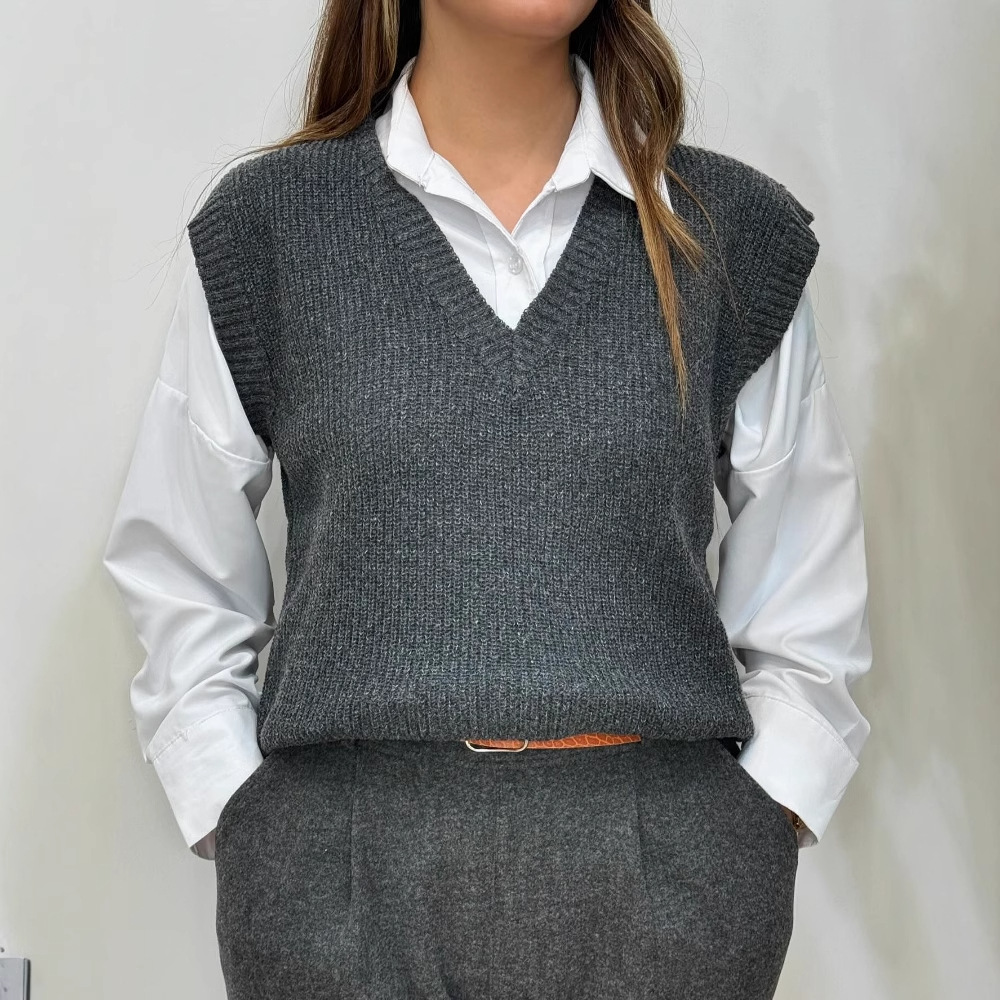 2024 otoño nuevo estilo europeo y americano Amazon transfronterizo casual versátil camiseta de punto de cuello en V suelta chaleco de punto
