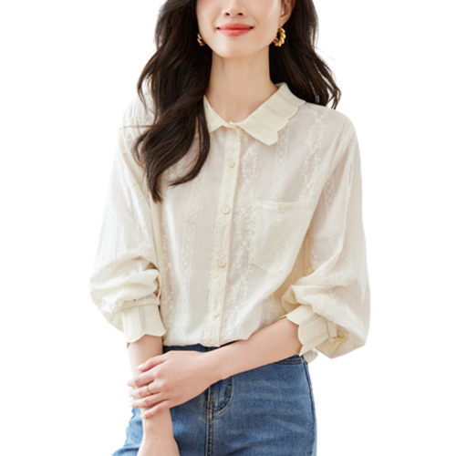 Cotton Pima Shell Blouse Women's Long Sleeve 2025 Spring Collection New Design Style Indie Knit Collar Top Shirt