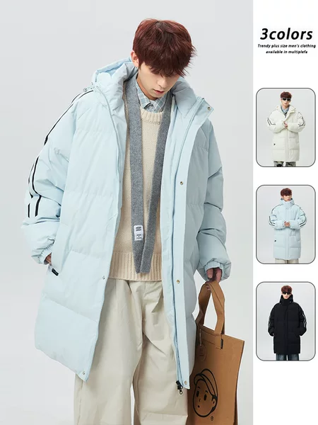 Autumn and winter youth mid-length hooded cotton jacket for men and women, three-stripe water-repellent loose-fitting sports cotton coat, over-the-knee cotton coat