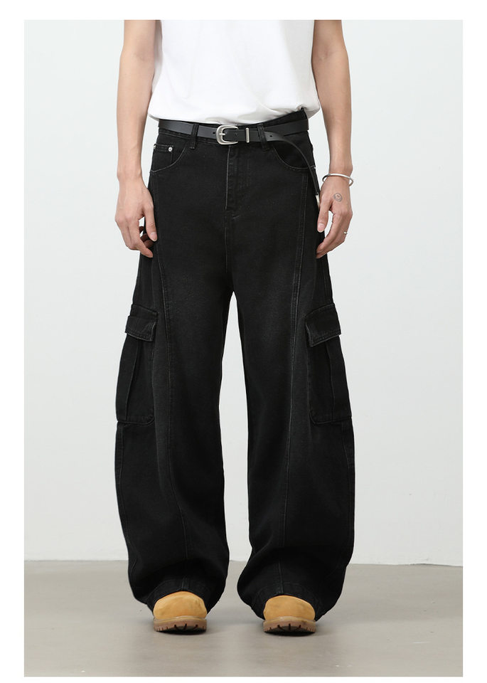 Quần jean nam ống rộng baggy phong cách retro Mỹ, nhiều túi khóa kéo, lưng giữa eo — màu xám đen chi tiết 15
