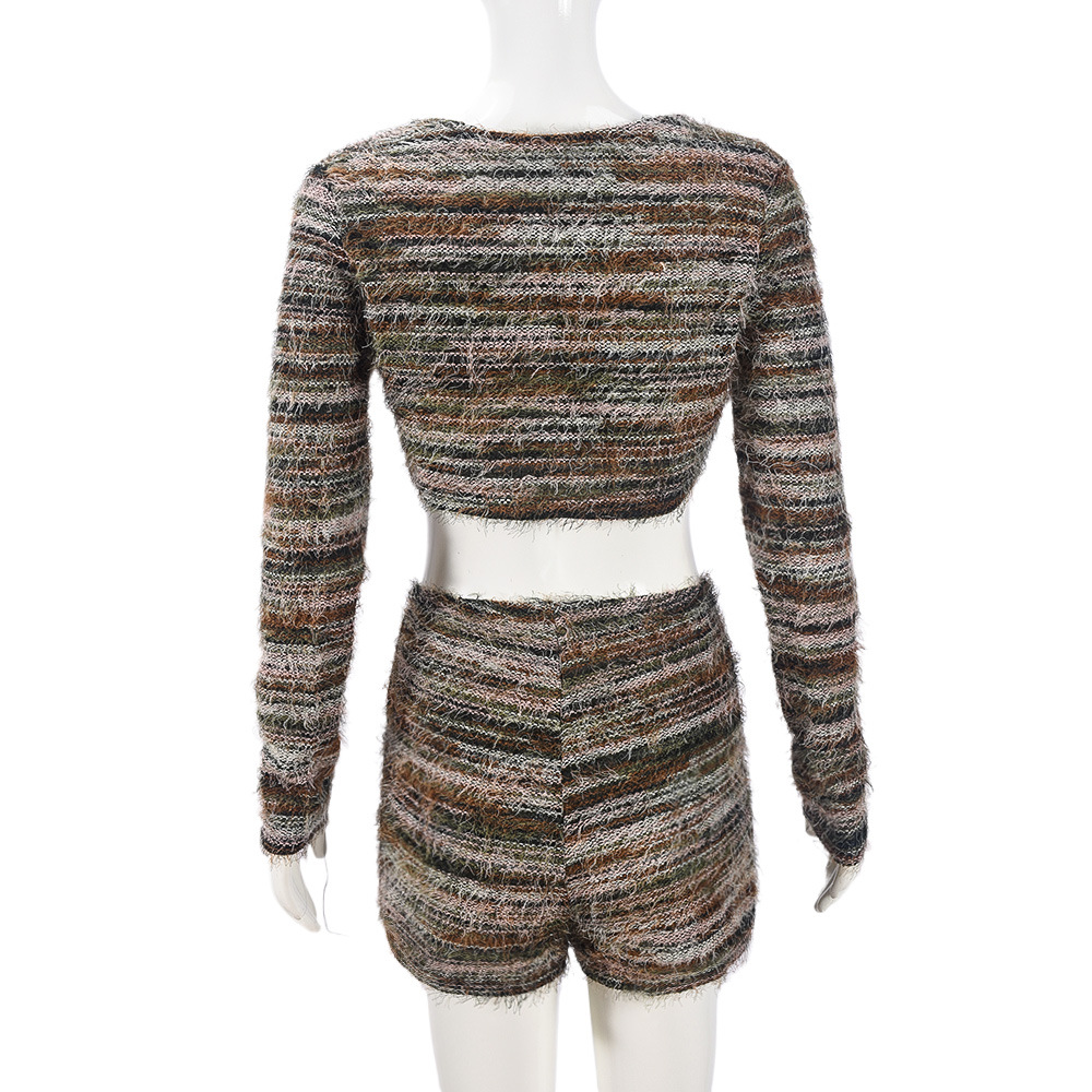 Women Clothing Autumn Winter Pine Needle Wool Exposed Cropped Hollow Out Cutout out Strap Short Shipment Long Sleeve Two Piece sets