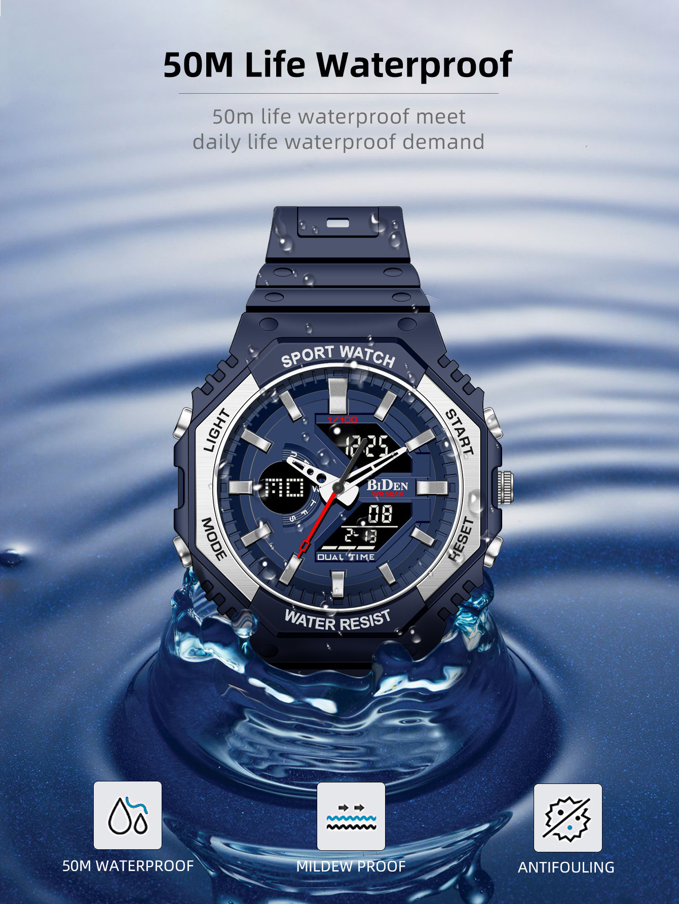 Biden multifunción impermeable deportes reloj electrónico luminoso doble pantalla resistente a la caída estudiante reloj de moda R005
