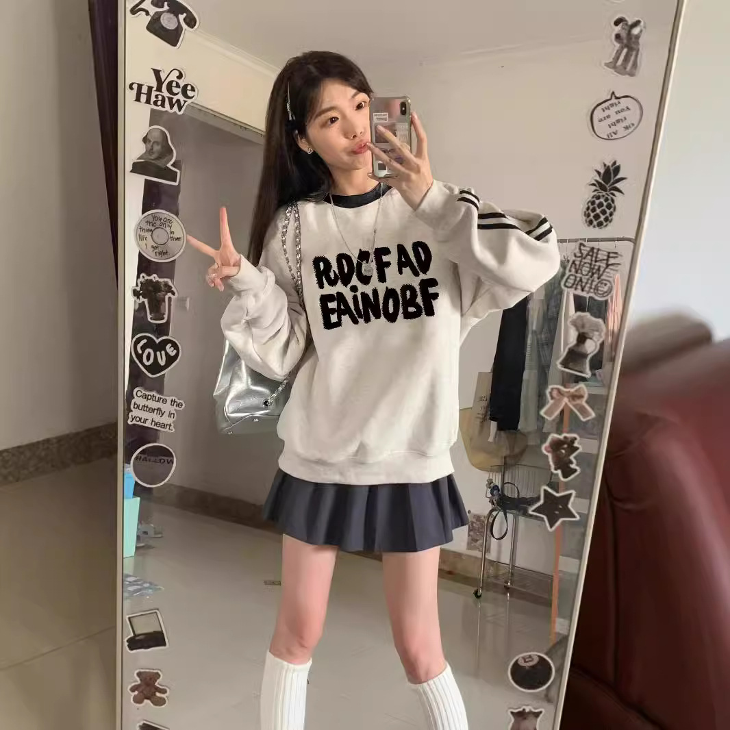 CREWNECK HATLESS THREE BAR SWEATSHIRT 여성의 봄과 가을 새로운 대형 소형 멜란지 그레이 느슨한 풀오버 탑