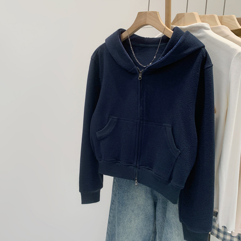 Brand Discount Plaid Splicing Hooded Short Sweatshirt Jacket for Women Autum 2025 New Long-Sleeved Zipper Cardigan