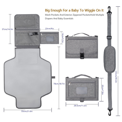 Portable baby changing pad supplies for outdoor travel folding diapers include shoulder straps and wipes pocket design