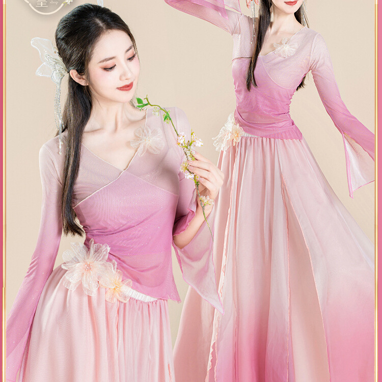 Ancient Flag Royal Classical Dance Costume Gradient Floral Flowing Gauze Elegant Fairy Chinese Style Performance Outfit Set