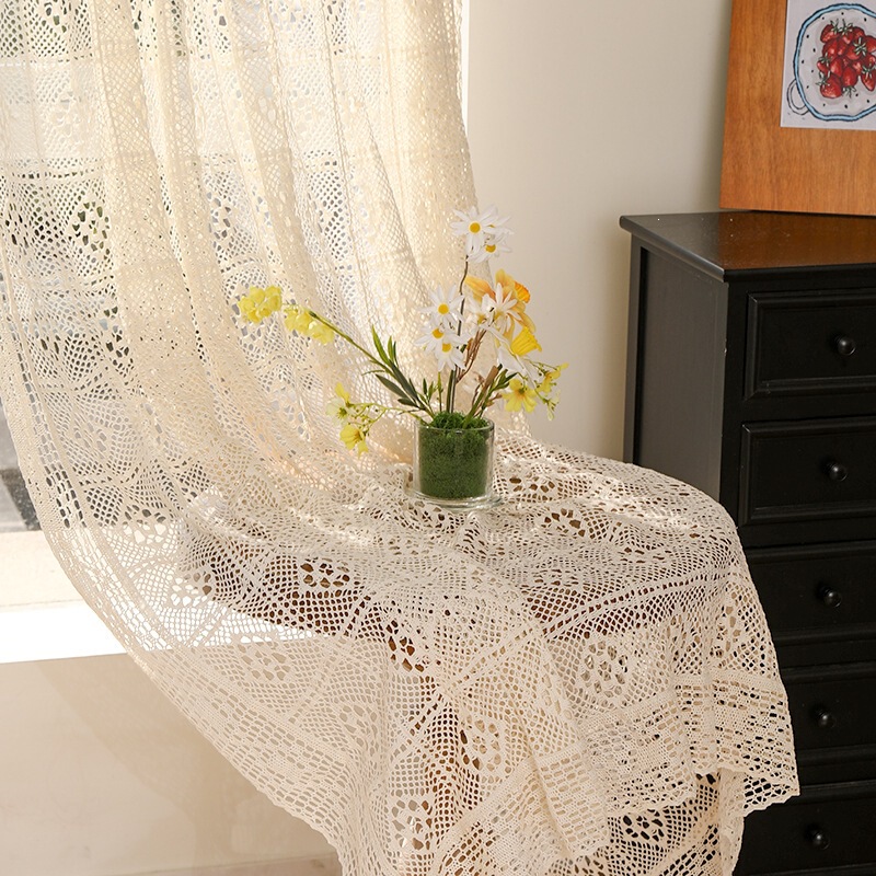 Cross-Border Cotton Thread Plaid Hollow-Out Curtains, Solid Color Light-Transmitting Sheer Curtains for Living Room and Balcony Decoration, Partition Curtains, Direct from Factory