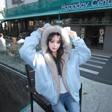 猫兔耳朵麂皮绒毛领座山雕冬季加厚保暖学院风情侣棉衣棉服外套女