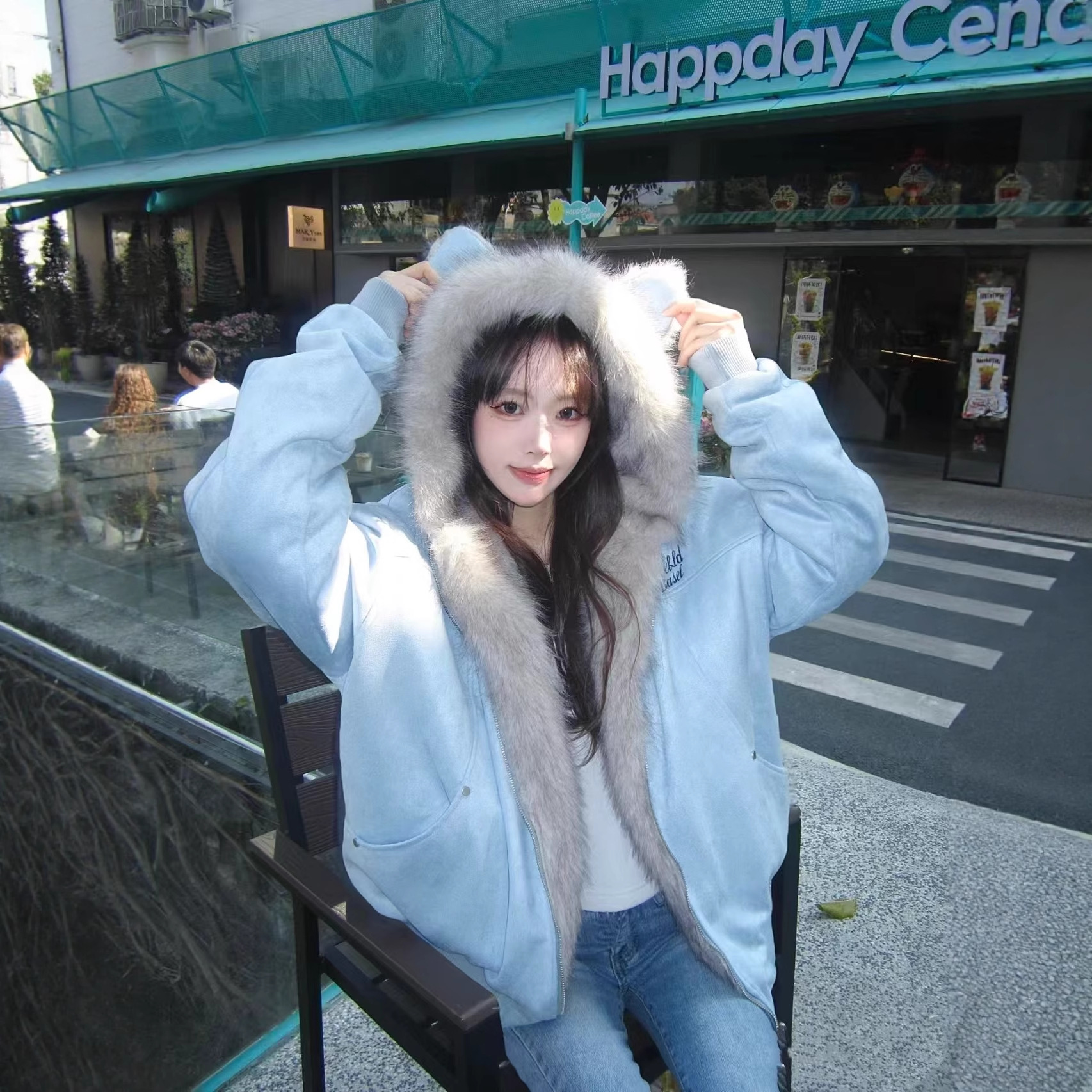 猫兔耳朵麂皮绒毛领座山雕冬季加厚保暖学院风情侣棉衣棉服外套女