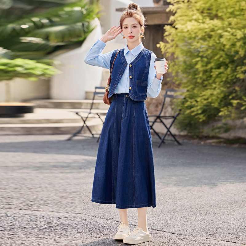 Denim Dress Women's Spring and Autumn 2025 New Academic Style Fashion Shirt Vest Skirt Three-Piece Set YF2552