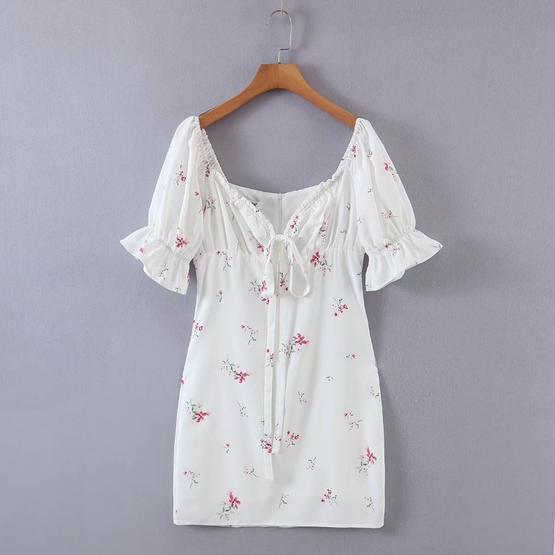 Square Neck lace-up Puff Sleeve Floral Print Dress NSXDX133344