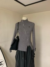 高克重韩国出口坑条立领毛衣外套女冬季设计感双拉链针织衫上衣