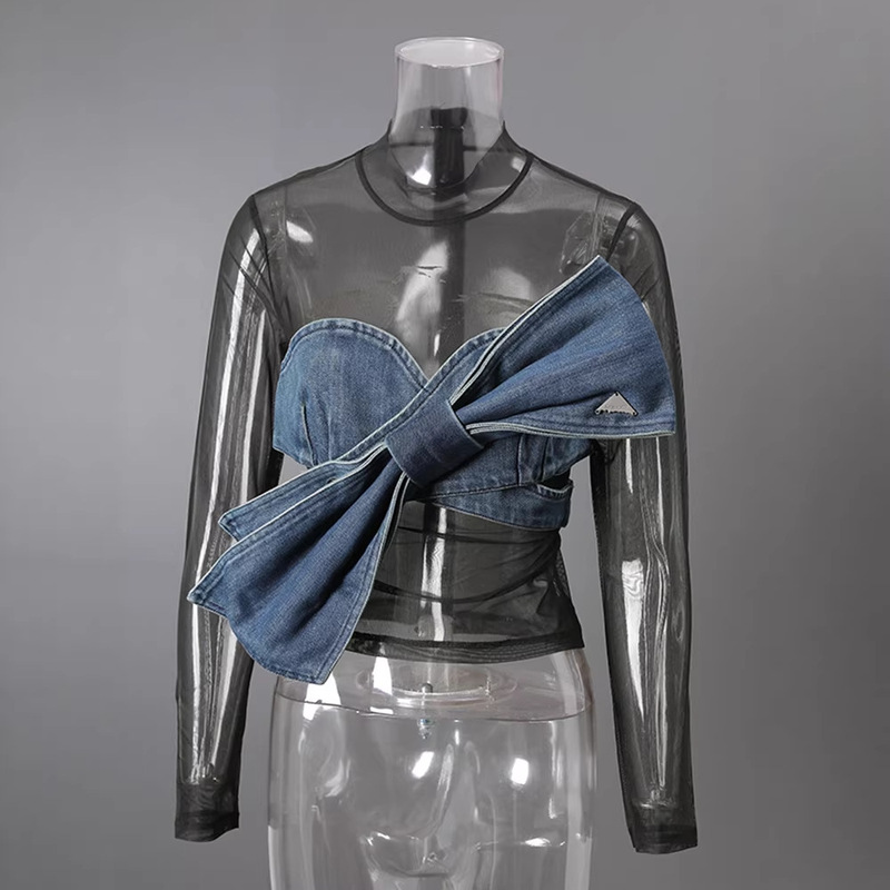 European and American Street Style Strapless Denim Patchwork Top for Women with Bow Tie and Mesh Design Shirt European and American Street Style Strapless Denim Patchwork Top for Women with Bow Tie and Mesh Design Shirt