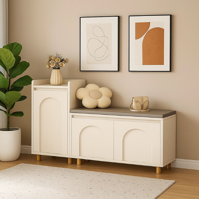 Entrance Shoe-Changing Bench with Shoe Cabinet and Seat, Integrated Doorway Household Shoe Rack, Cream-Style Entryway Hallway Foyer Shoe Bench