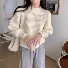 跨境秋冬新款纯色粗针长袖套头毛衣女简约休闲百搭基础款套衫女