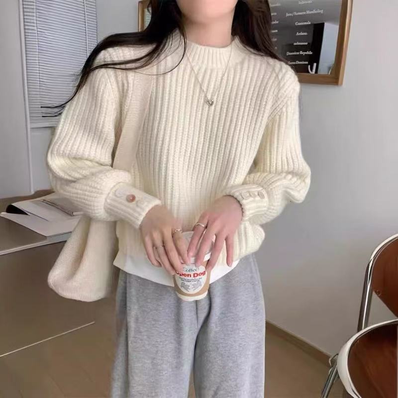 跨境秋冬新款纯色粗针长袖套头毛衣女简约休闲百搭基础款套衫女|undefined