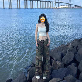 翻边迷彩工装牛仔裤女辣妹百搭夏季低腰阔腿宽松显瘦拖地裤ins潮