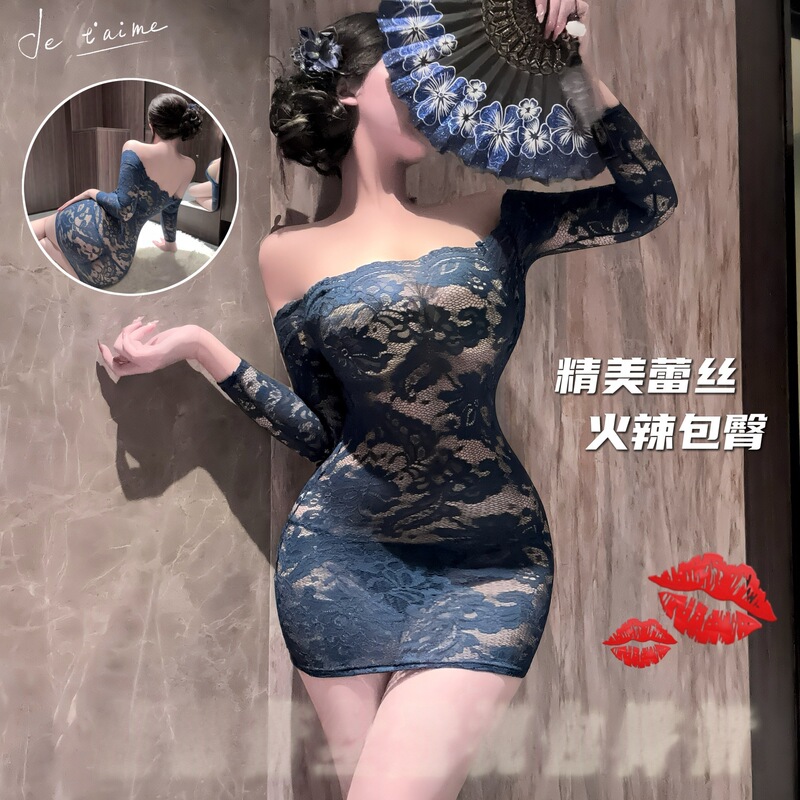 Plus-Size Erotic Lingerie Lace Bodycon Dress Uniform Sexy Off-Shoulder See-Through Outfit Passionate Maid Dress