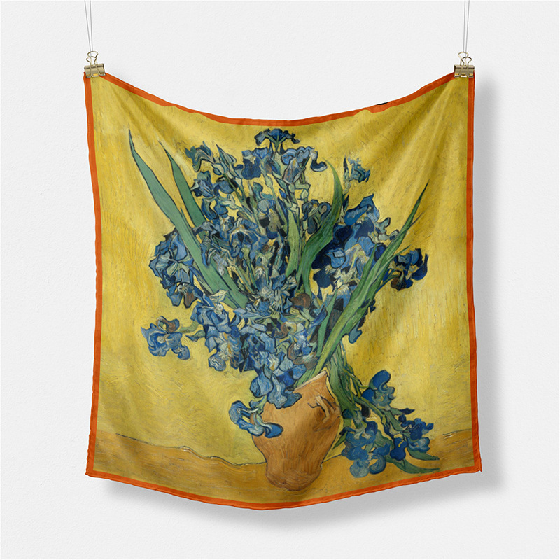 Van Gogh pintura al óleo flor artística pequeña bufanda cuadrada nueva 53cm de seda artificial de las mujeres bufanda decorativa bufanda de doble uso