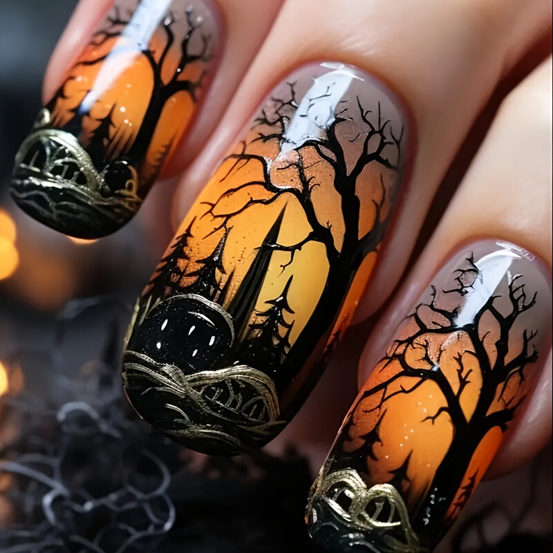 Wear Fake Nail Pieces Halloween Nail Pieces Black French Flame Love Cobweb Pumpkin Bat Wearable Nail Pieces