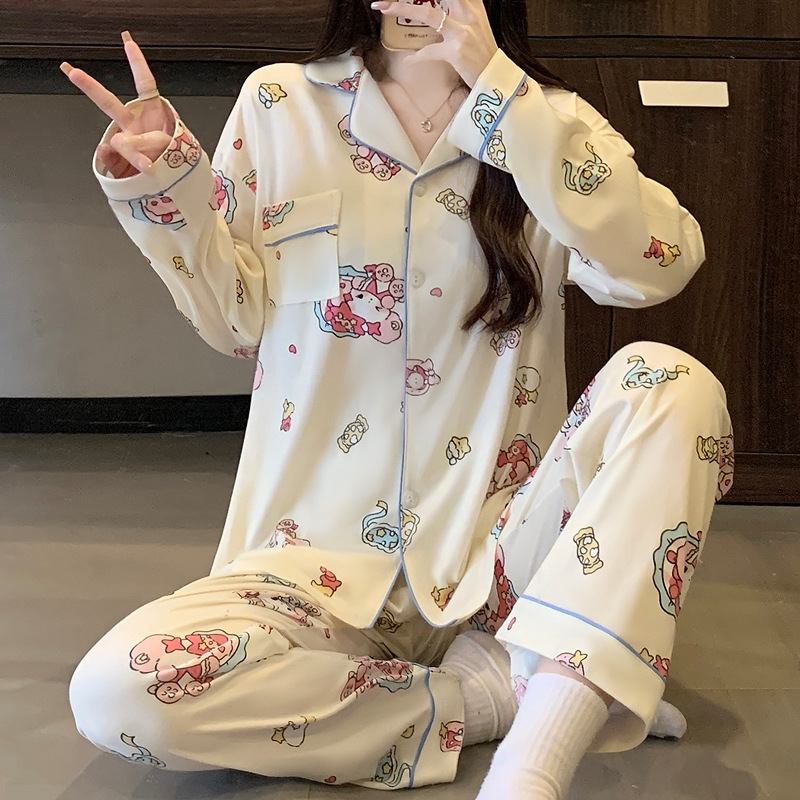 Al por mayor transfronterizo nuevo primavera y otoño pantalones de manga larga pijamas cardigans con ropa casualizada de algodón de dibujos animados