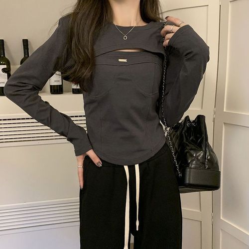 Age-defying versatile pure desire niche long-sleeved round-neck early autumn short-sleeve women's innerwear two-piece faux wrap-inset Instagram trending base shirt