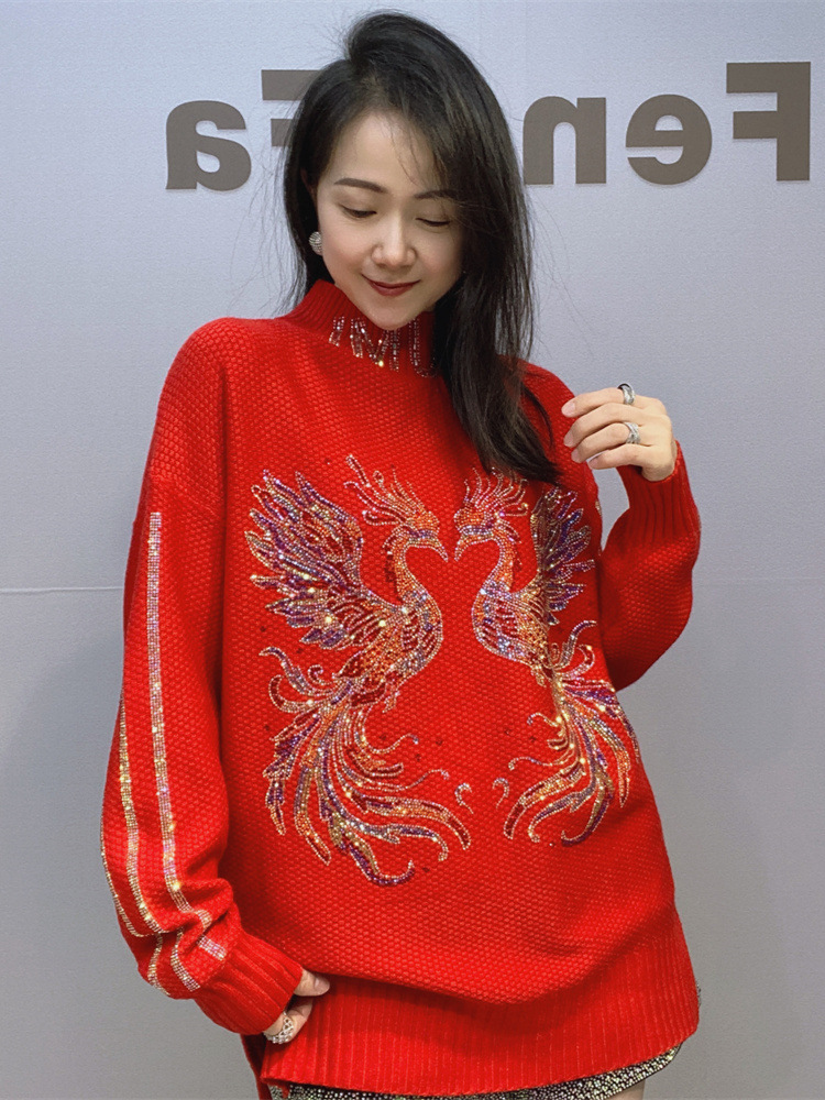 Estación europea suéter de estilo perezoso de cuello medio alto para mujer, moda de manga larga para mujer, diamantes calientes sueltos, suéteres de gran tamaño, tendencia