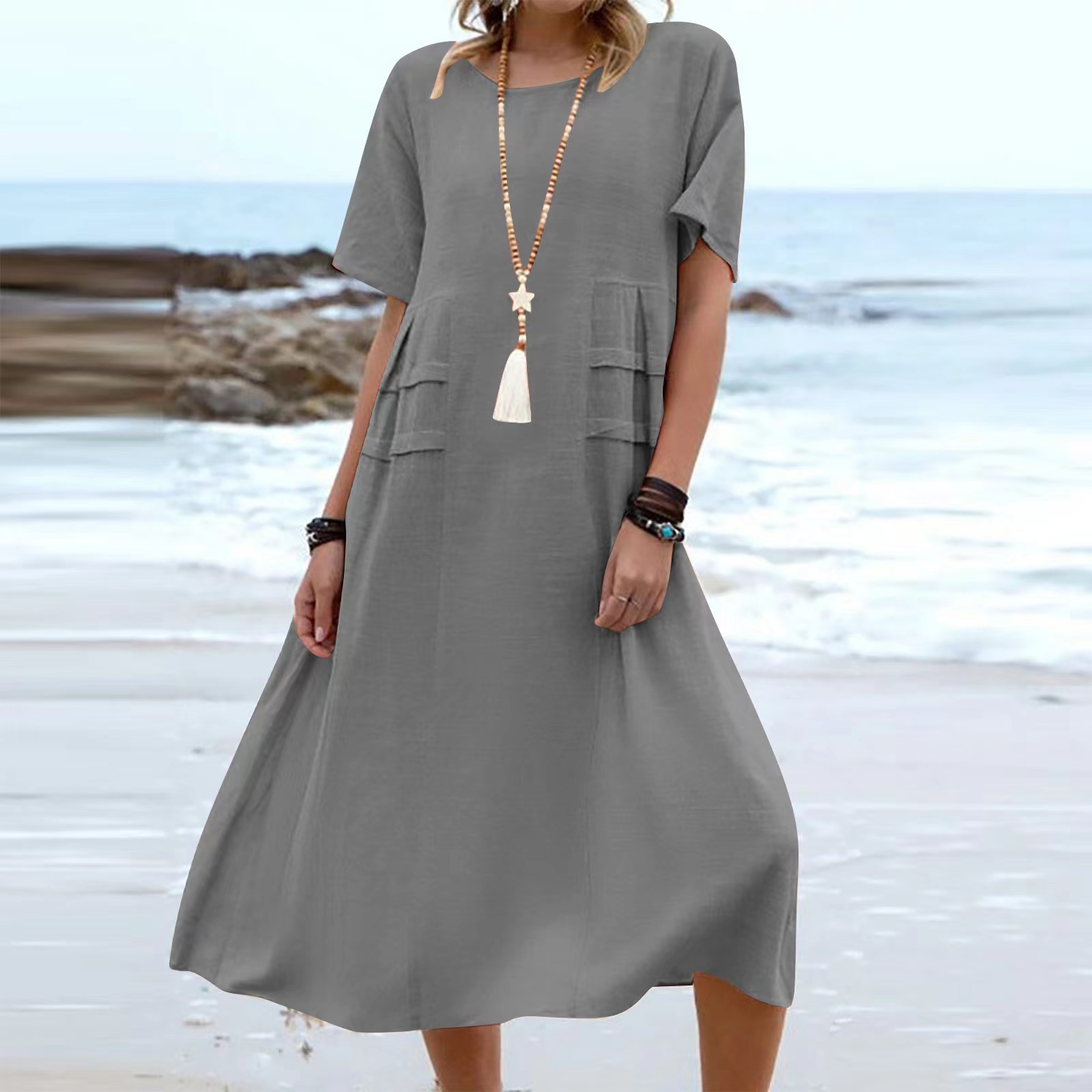Robe d'été décontractée pour femme, coupe ample, col rond, manches courtes, longueur mi-longue, en coton et lin, couleur unie_voghion.com
