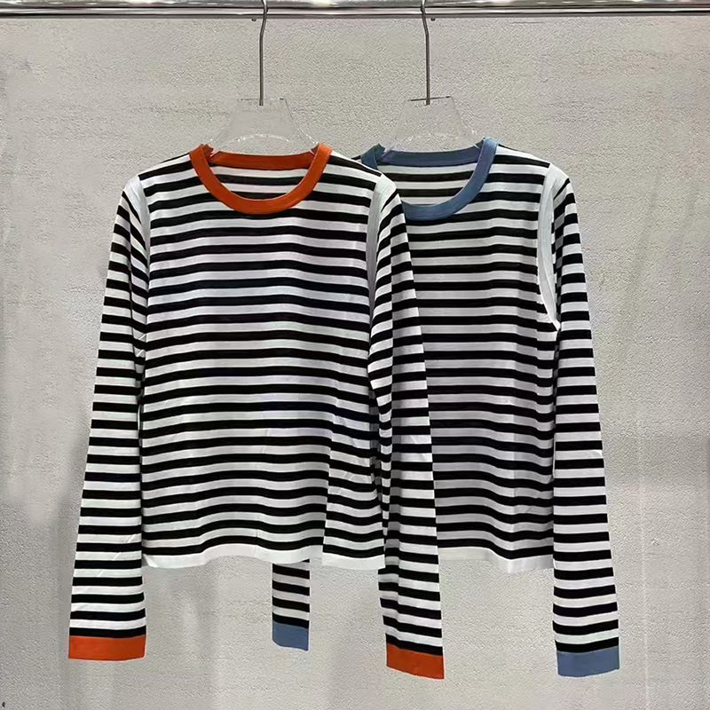 Women's Lyocell Worsted Wool Single-Wear Interior Casual Crewneck Fashionable Contrast Stripe Contrast Color Sweater