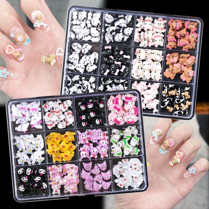 New 12 Gage Acrylic Boxed Sanrio Hello Kitty Kulomi Mixed Nail Ornament Pack for DIY