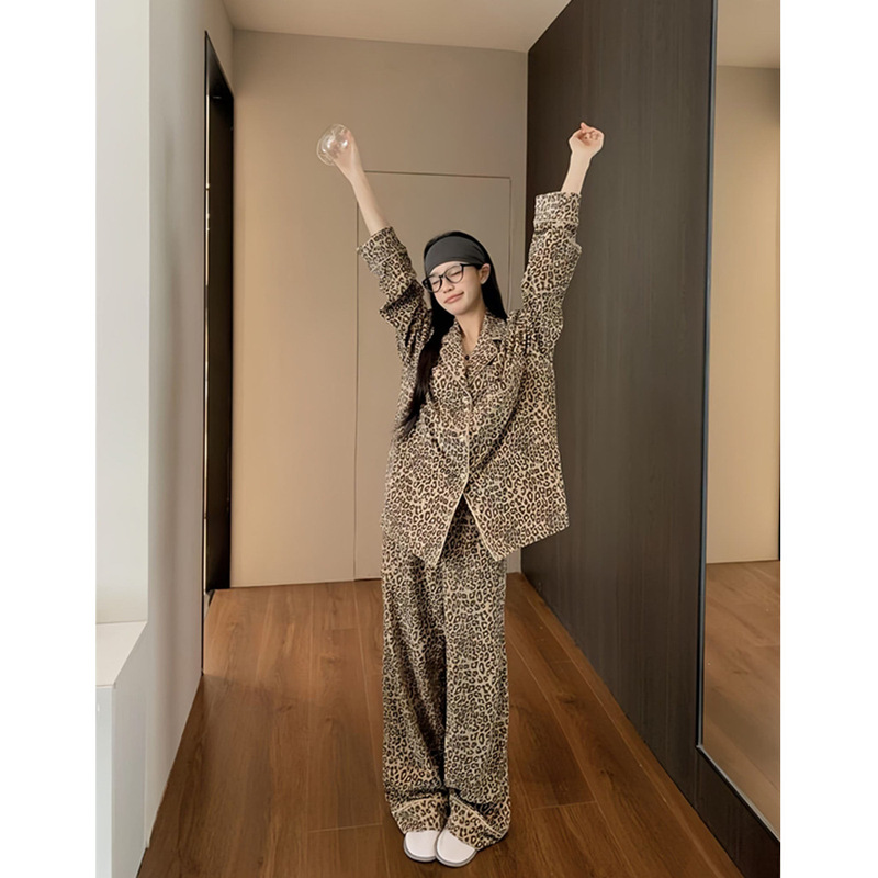 Leopard Print Pajamas for Women Spring and Autumn 2025 New Style Old Money Style Retro Long-Sleeved Loose Home Clothes Set Cross-Border Wholesale Leopard Print Pajamas for Women Spring and Autumn 2025 New Style Old Money Style Retro Long-Sleeved Loose Home Clothes Set Cross-Border Wholesale