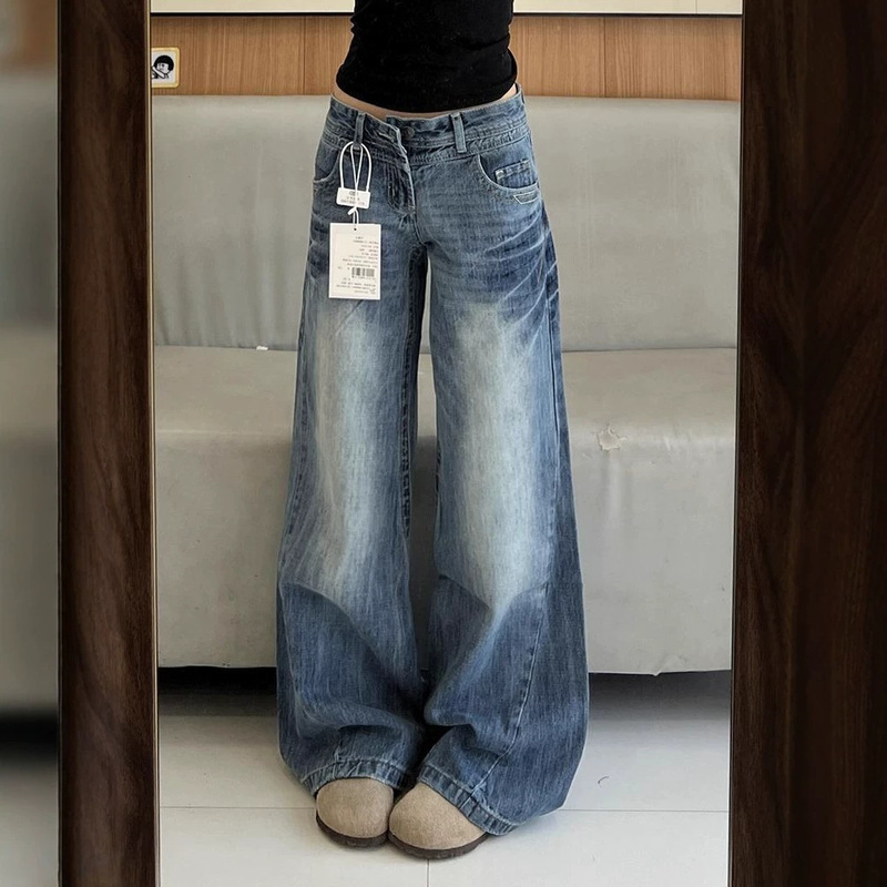 High-Waisted Loose-Fitting Korean-Style Women's Denim Trousers, American-Style Washed and Faded Flared Jeans for Women, New Summer Pants