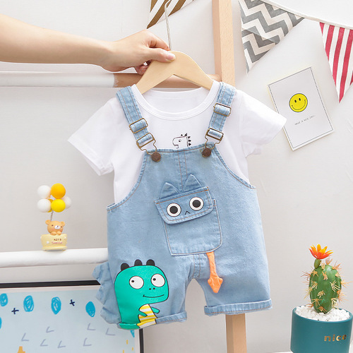 Foreign trade children's clothing wholesale children's short-sleeved suit boys cartoon pocket dinosaur T-shirt short-sleeved denim overalls