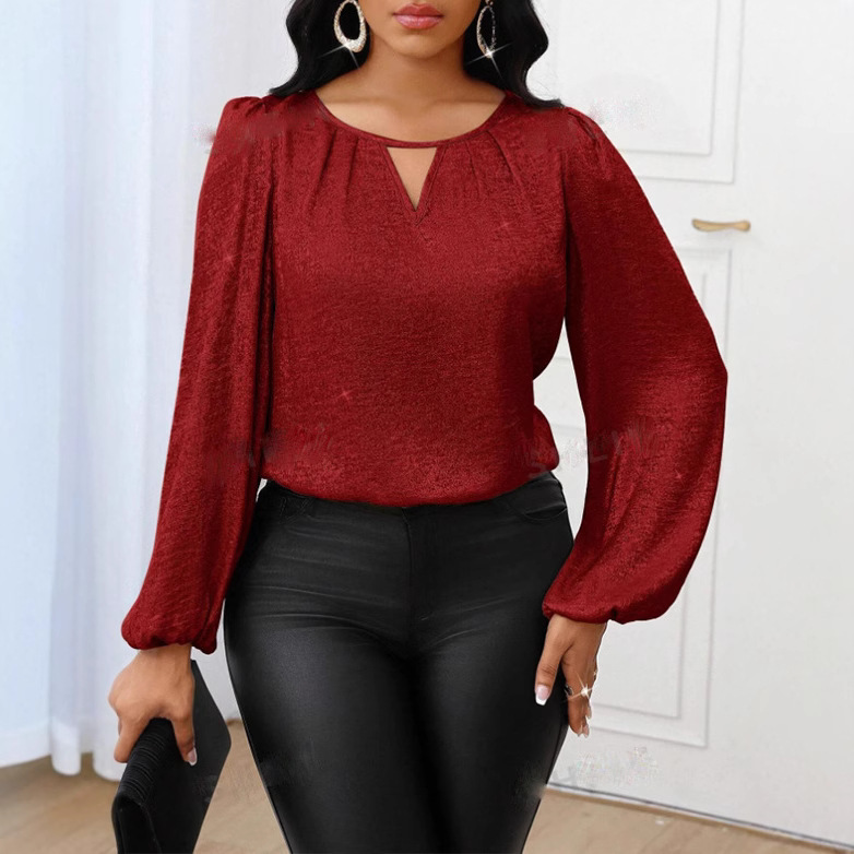 2025 European and American Foreign Trade Cross-border Women's Clothing Amazon Long Sleeve Top Fashion Casual Keyhole Pleated Fashion Shirt Women