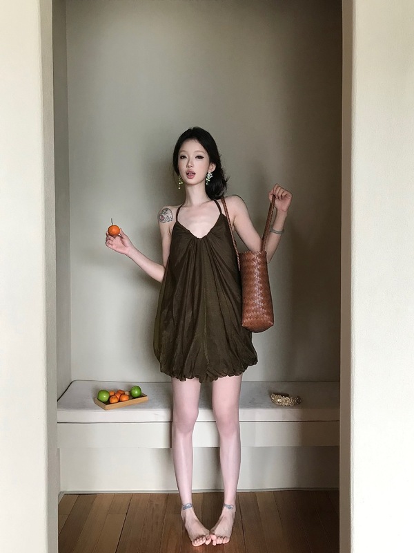 Ruanrui ピーターパンエルフ*花のつぼみホルターネックレースアップホリデーダークグリーンバックレスストレッチガーゼスカートドレスショートスカート|undefined