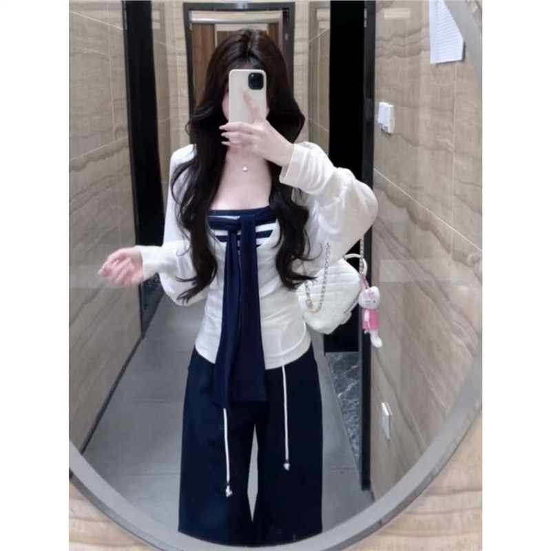 三件套女2025早秋辣妹v领薄款长袖罩衫条纹抹胸高腰显瘦休闲裤潮|undefined