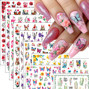 2025 Cross-border Spring New Small Fresh Rose Flower Peach Blossom Butterfly Color Flower Adhesive Nail Art Sticker
