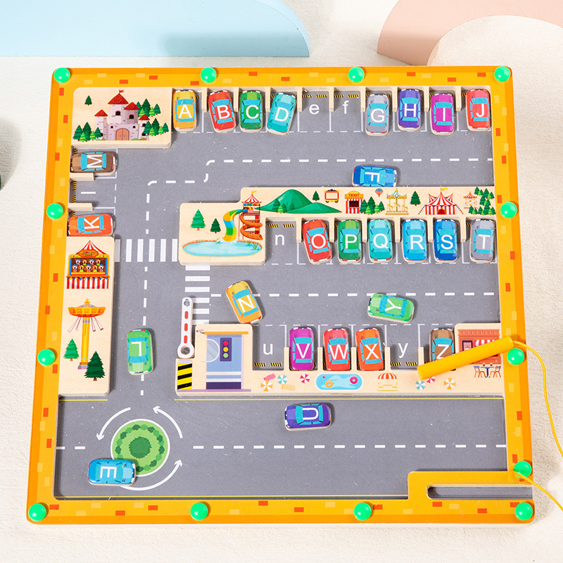 Madera transfronteriza para niños letras magnéticas emparejadas y caminando ayuda de enseñanza para niños en la educación temprana rompecabezas magnéticos laberinto juguete de pluma