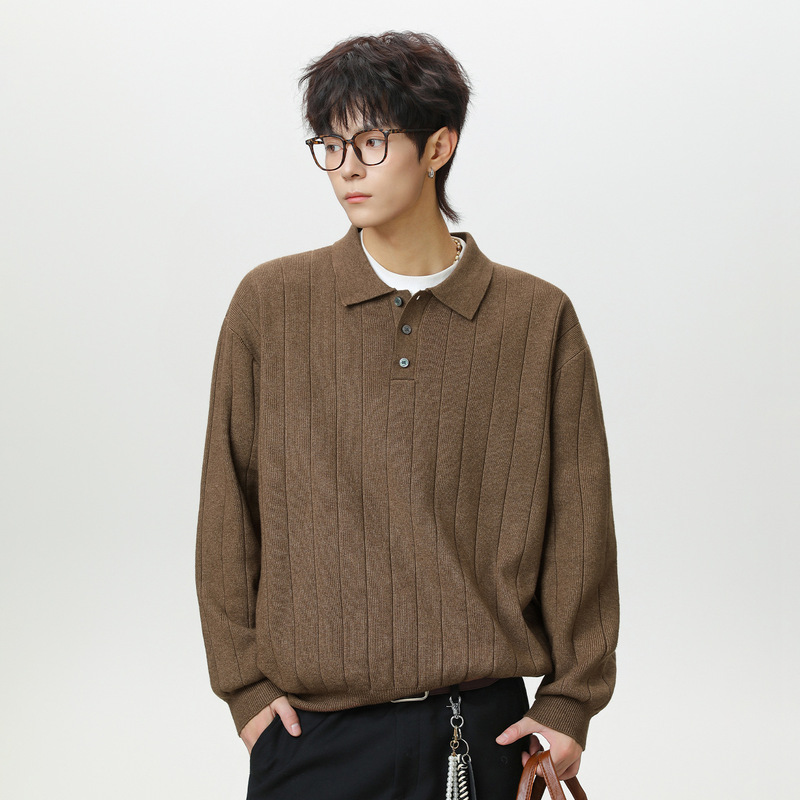 Mature Style Textured Lapel Sweater for Men, Autumn and Winter Solid Color Polo Knitwear, Vintage Thickened Long-Sleeve T-Shirt Q