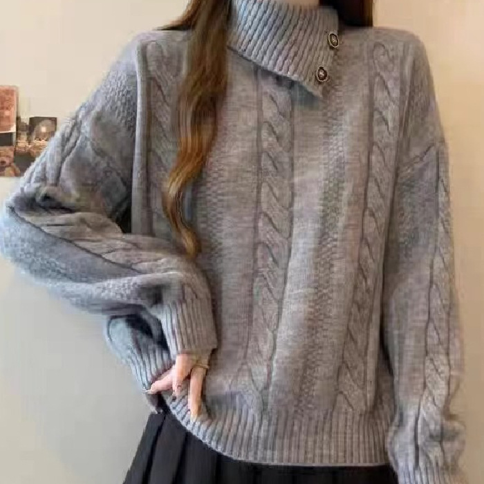 High-End High-Neck Right-Shoulder Twist Knitwear for Women 2025 Autumn and Winter Large Size Fat mm Asymmetrical Lapel Knitwear Top High-End High-Neck Right-Shoulder Twist Knitwear for Women 2025 Autumn and Winter Large Size Fat mm Asymmetrical Lapel Knitwear Top