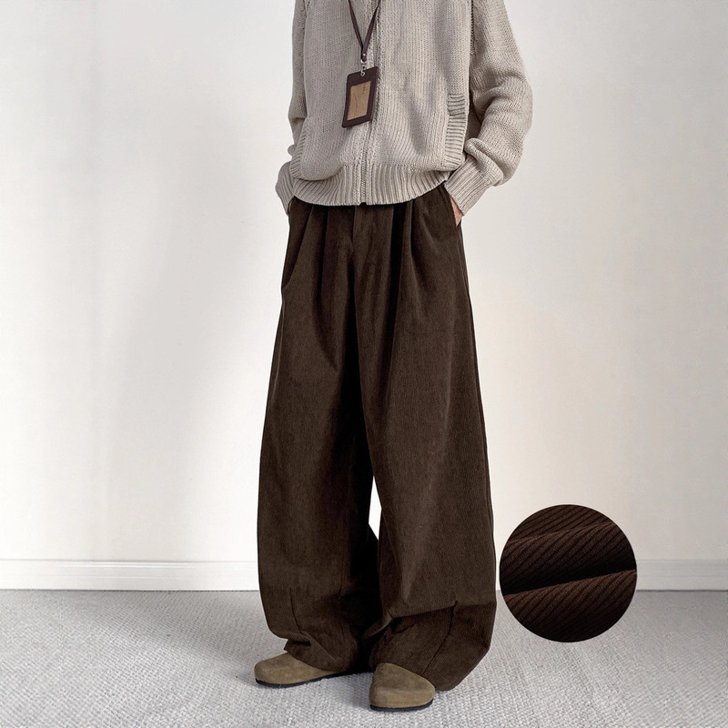 American-Style Brown Corduroy Pants for Men, Spring and Autumn Trendy Brand, Loose Plus-Size Men's Pants, Retro Heavy Casual Wide-Leg Pants