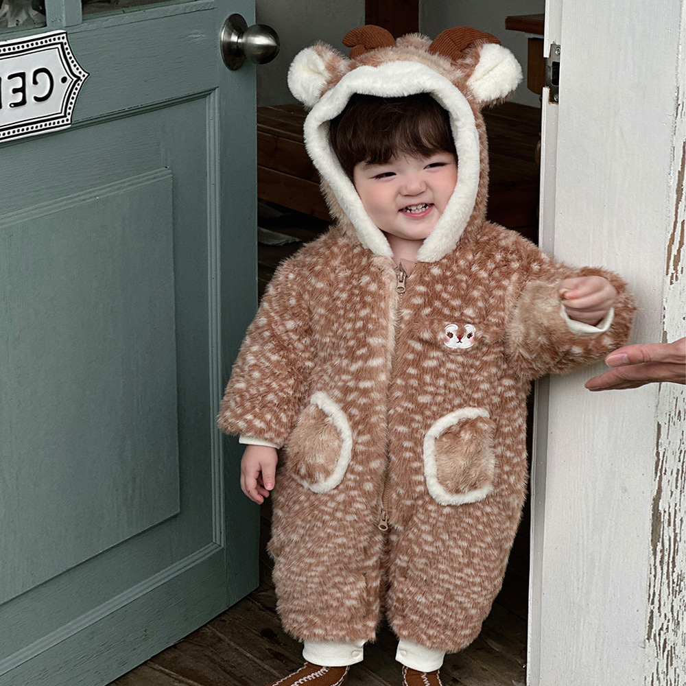 Mono de Felpa para Bebé Niño, Diseño de Ciervo, Grueso, Cálido, Cómodo, Suave y Elegante, Invierno 2025