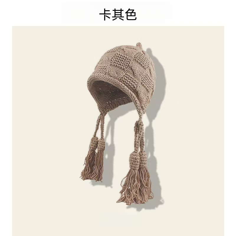 毛线帽子新款时尚贴布流苏红色帽子女秋冬季保暖护耳显脸小针织帽|undefined