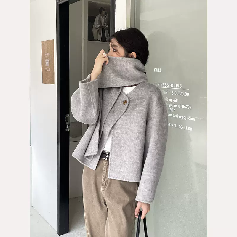 MMC双面羊绒大衣女秋冬韩系高级感短款斗篷羊毛呢子外套 配送围巾