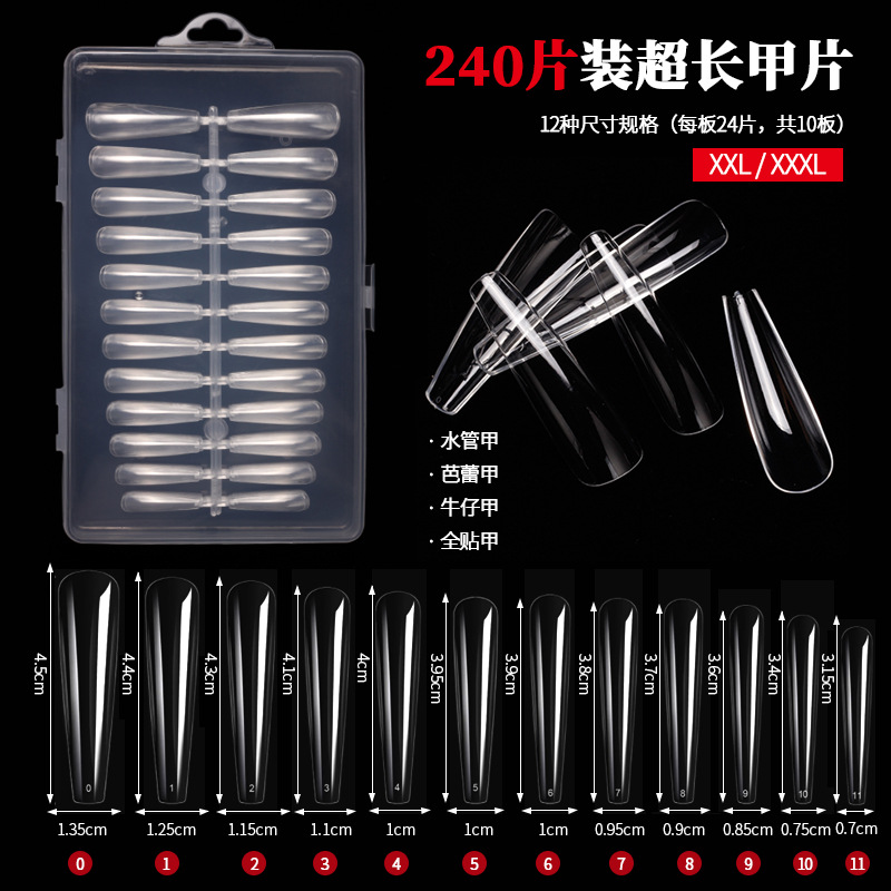 Cross-border exclusivo Venta caliente super largo tubo de agua de uñas pieza falsa parche de uñas 240 piezas transparente completo etiqueta XXL Denim uñas