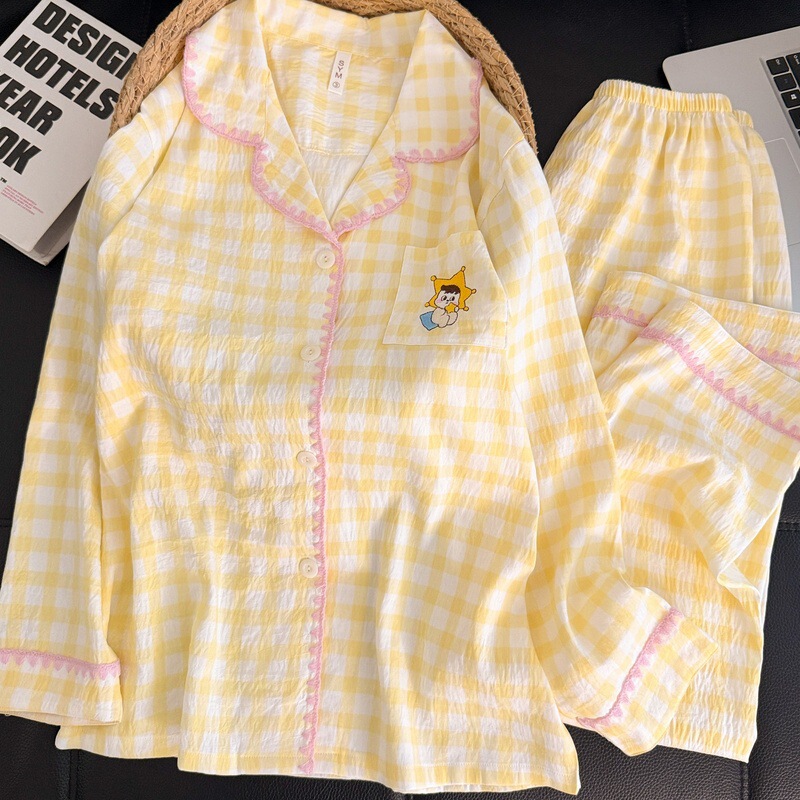 Japanese-Style Cream Yellow Plaid Lace Large Size Pajamas for Women, Spring and Autumn Long-Sleeve Cute Star Pattern Loungewear, In-Stock Wholesale Japanese-Style Cream Yellow Plaid Lace Large Size Pajamas for Women, Spring and Autumn Long-Sleeve Cute Star Pattern Loungewear, In-Stock Wholesale