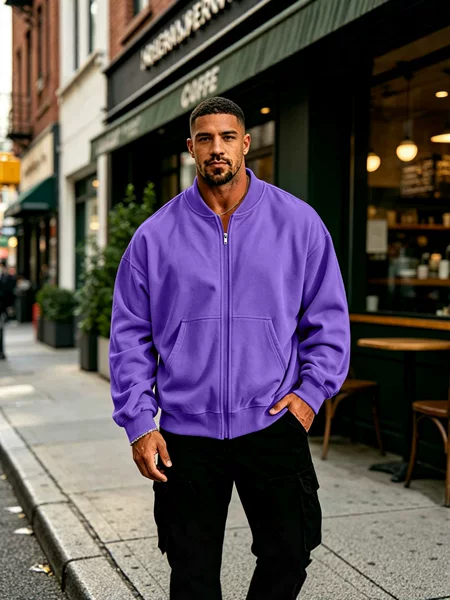 Men's stand-collar zip-up sweatshirt for export, autumn/winter solid color drop-shoulder baseball jacket with pockets, casual outerwear