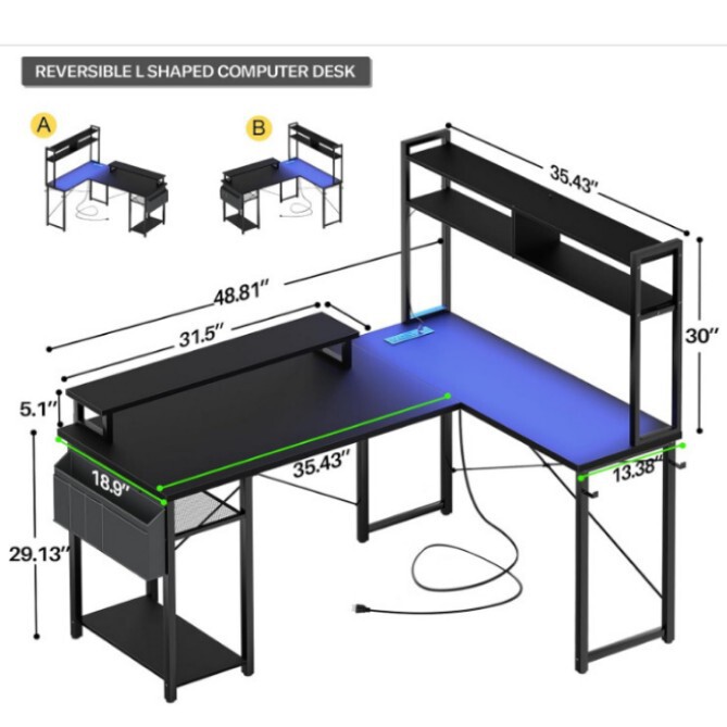 Modern Light Luxury Corner Computer Desk Gaming Desk with Power Cable and USB Ports and Led Atmosphere Light