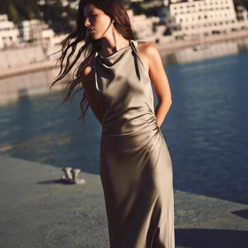 Spring European and American Fashion Midi Dress with Round Neck, Sleeveless, Black Satin Texture Long Dress